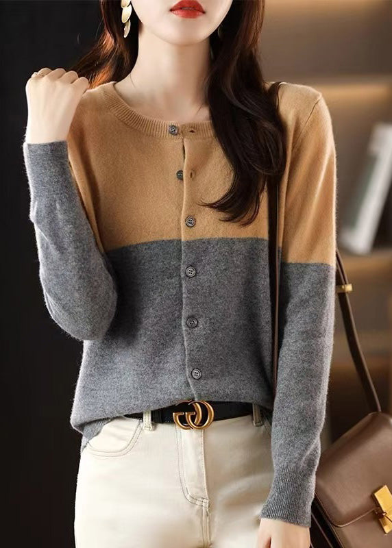 Loose Camel Patchwork Button Wool Knit Cardigans Fall