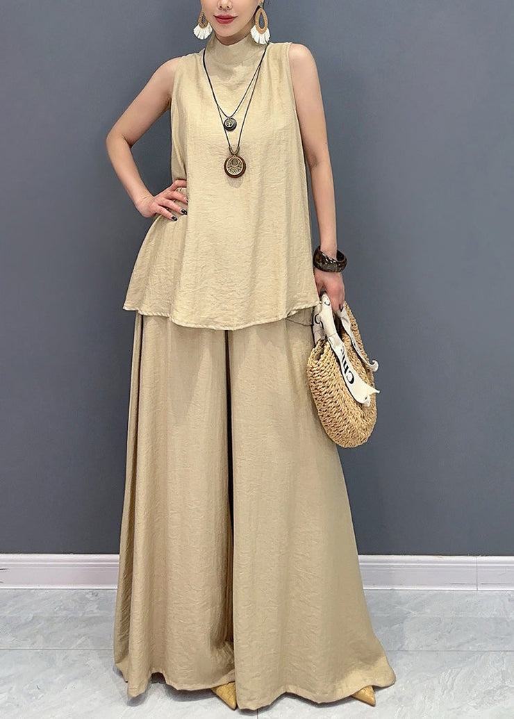 Loose Camel Tops And Wide Leg Pants Cotton Two Pieces Set Sleeveless