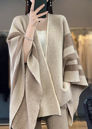 Loose Camel V Neck Striped Patchwork Wool Cape Cardigans Fall