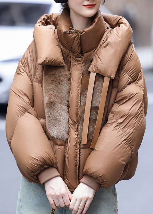 Loose Caramel Hooded Mink Hair Patchwork Duck Down Puffers Jackets Winter