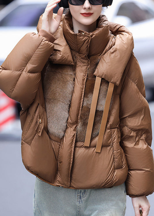 Loose Caramel Hooded Mink Hair Patchwork Duck Down Puffers Jackets Winter