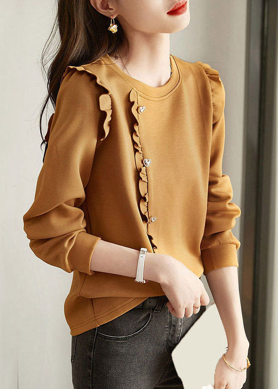 Loose Caramel O-Neck Ruffled Button Cotton Sweatshirts Top Spring