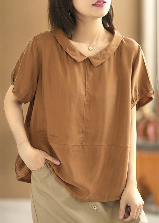 Loose Caramel Peter Pan Collar Solid Silk Cotton Tops Summer