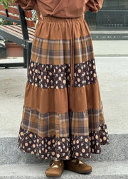 Loose Caramel Print Elastic Waist Patchwork Cotton Skirts Spring