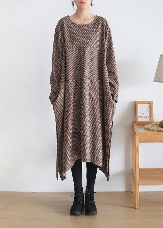 Loose Chocolate Colour O-Neck Print Side Open Knit Cotton Maxi Dress Long Sleeve