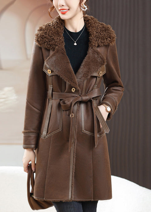 Loose Coffee Fur Collar Button Tie Waist Fuzzy Fur Coats Winter