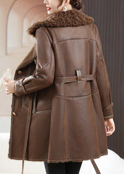 Loose Coffee Fur Collar Button Tie Waist Fuzzy Fur Coats Winter