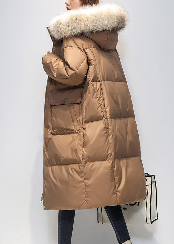 Loose Coffee Fur Collar Hooded Pockets Duck Down Long Coat Winter