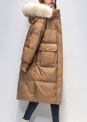 Loose Coffee Fur Collar Hooded Pockets Duck Down Long Coat Winter