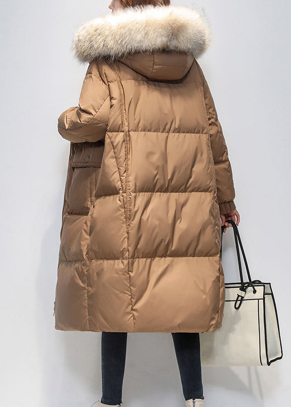 Loose Coffee Fur Collar Hooded Pockets Duck Down Long Coat Winter