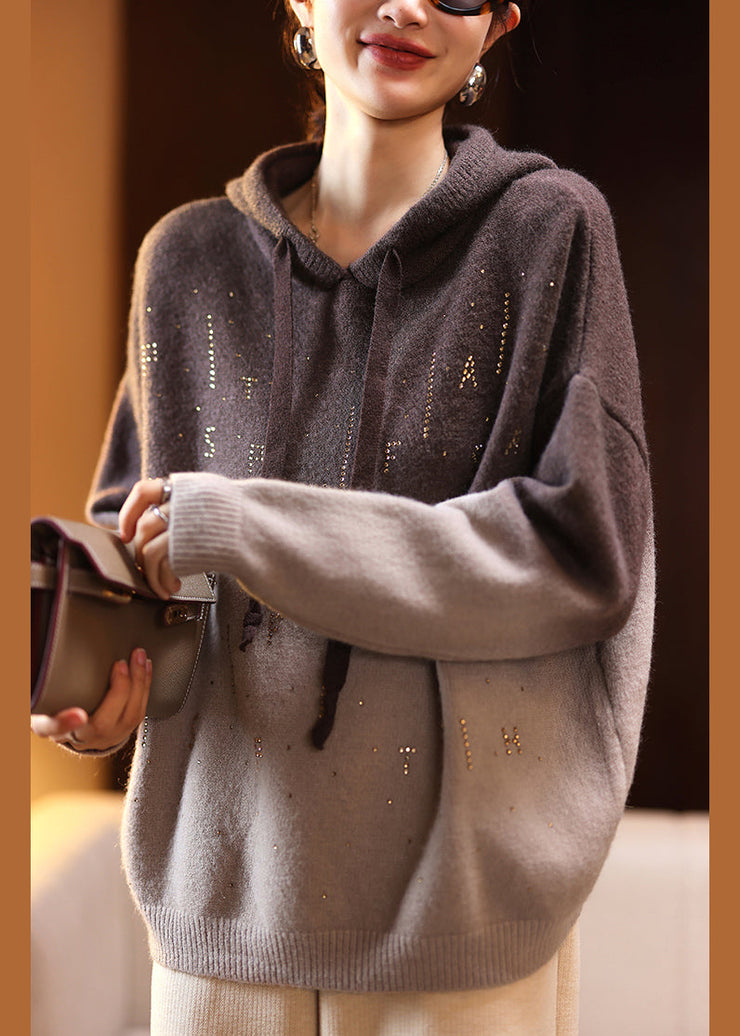 Loose Coffee Gradient Color Hooded Zircon Cotton Knit Top Spring