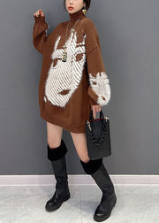 Loose Chocolate Hign Neck Character Print Knit Top Winter