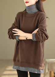 Loose Coffee Hign Neck False Two Pieces Warm Fleece Top Winter