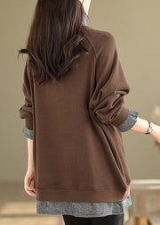 Loose Coffee Hign Neck False Two Pieces Warm Fleece Top Winter