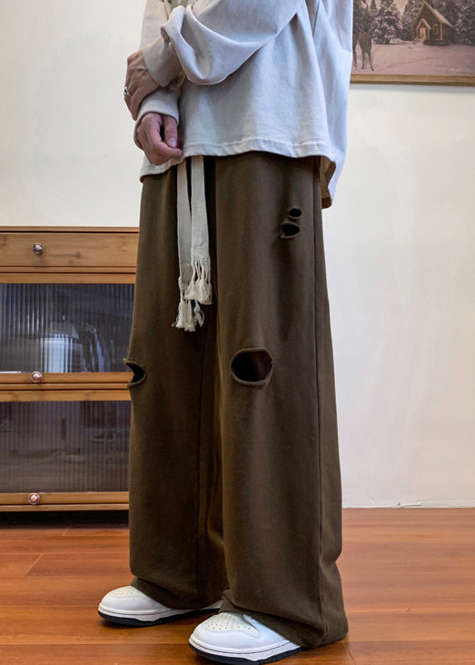 Loose Coffee Hole Elastic Waist Cotton Men Pants Fall