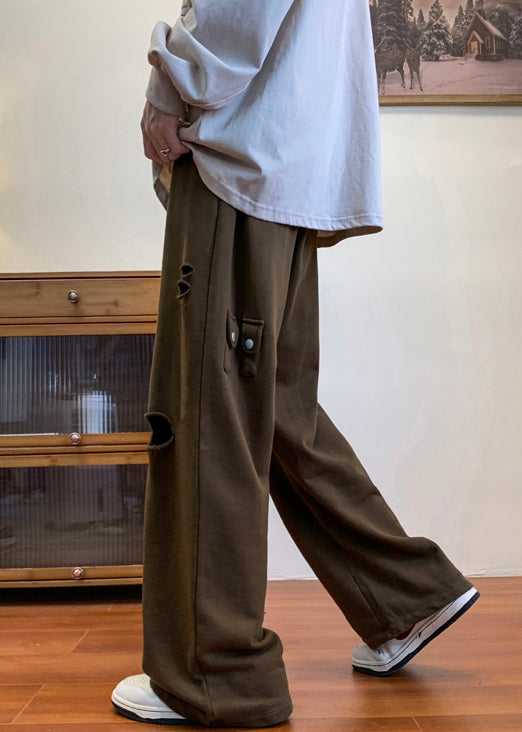 Loose Coffee Hole Elastic Waist Cotton Men Pants Fall