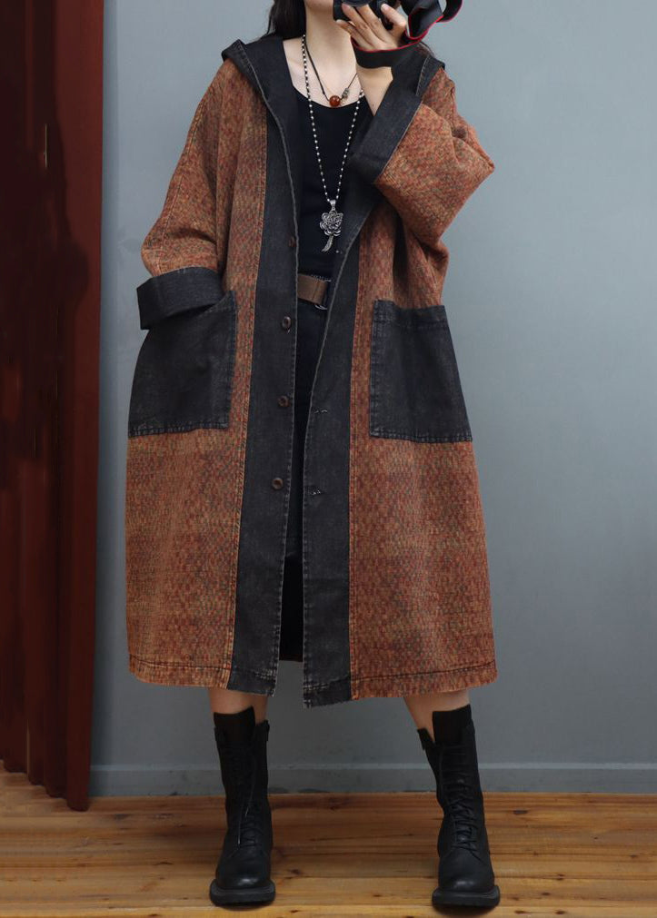 Loose Coffee Hooded Button Denim Patchwork Long Coats Fall