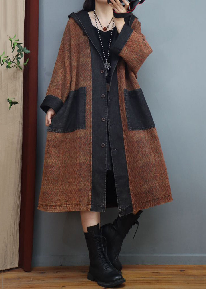 Loose Coffee Hooded Button Denim Patchwork Long Coats Fall