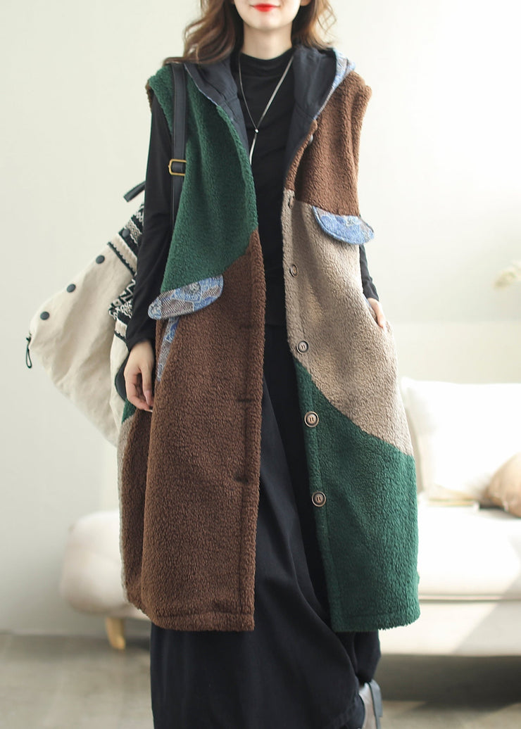 Loose Coffee Hooded Button Teddy Faux Fur Waistcoat Sleeveless