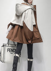 Loose Coffee Hooded Pockets Patchwork Warm Fleece Coats Winter