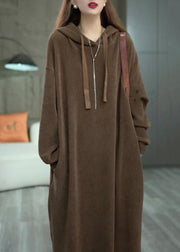 Loose Coffee Hooded Pockets Solid Long Dress Winter