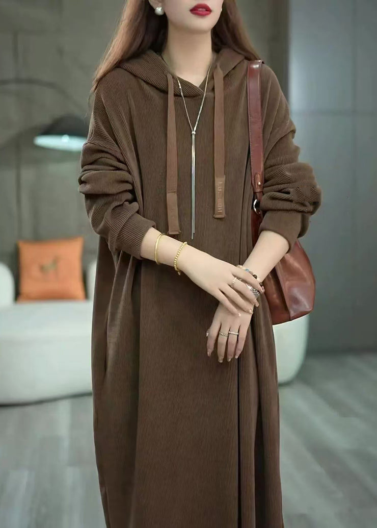 Loose Coffee Hooded Pockets Solid Long Dress Winter