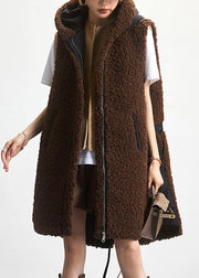 Loose Coffee Hooded Zippered Patchwork Teddy Faux Fur Waistcoat Sleeveless