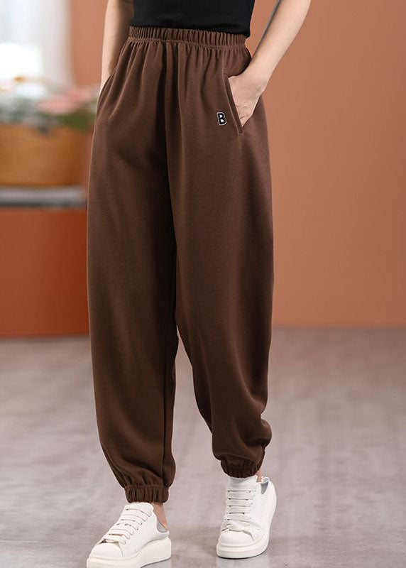 Loose Chocolate Letter Embroideried Elastic Waist Cotton Pants Spring