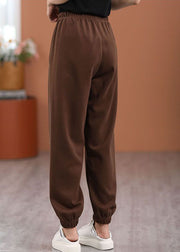 Loose Chocolate Letter Embroideried Elastic Waist Cotton Pants Spring