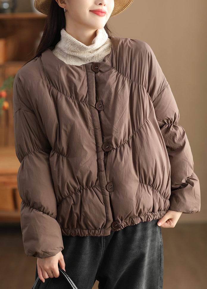 Loose Coffee O Neck Button Warm Duck Down Jacket Winter