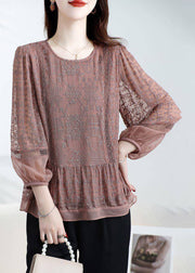 Loose Coffee O-Neck Embroidered Patchwork Silk Top Bracelet Sleeve