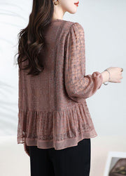 Loose Coffee O-Neck Embroidered Patchwork Silk Top Bracelet Sleeve