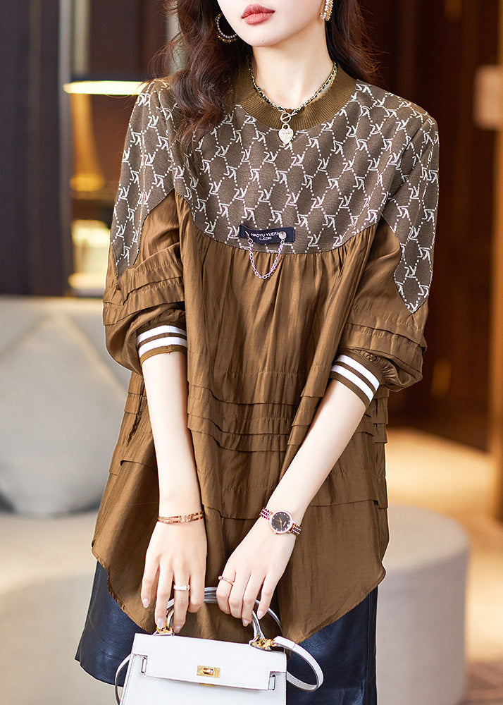 Loose Coffee O-Neck Print Cozy Tops Spring