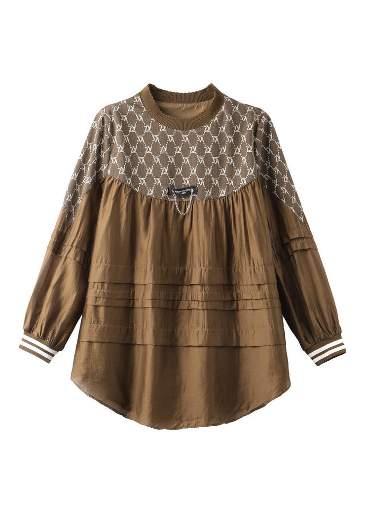 Loose Coffee O-Neck Print Cozy Tops Spring