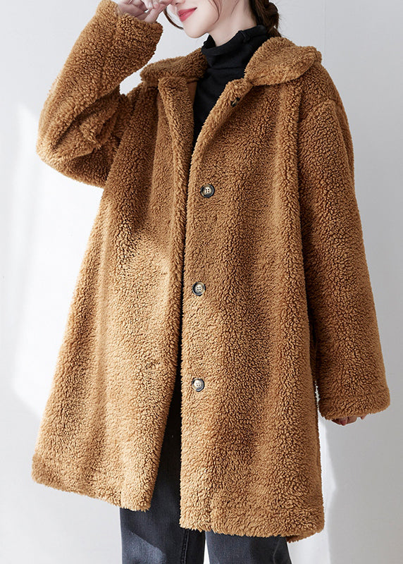 Loose Coffee Peter Pan Collar Pockets Button Faux Fur Coat Fall