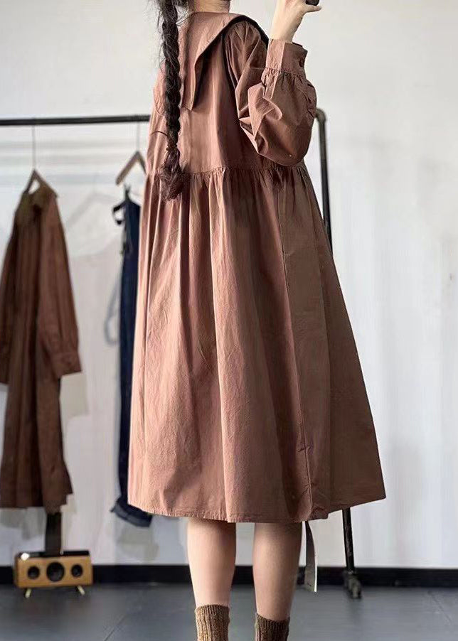 Loose Coffee Peter Pan Collar Pockets Cotton Long Dress Spring