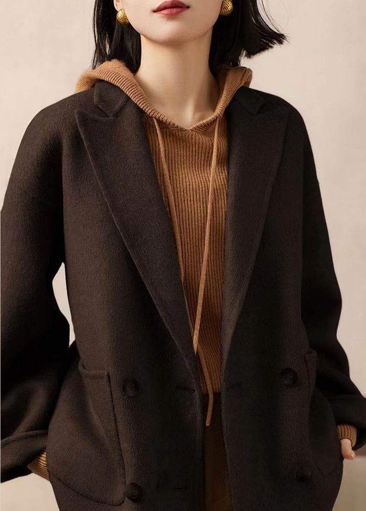 Loose Coffee Peter Pan Collar Pockets Patchwork Woolen Coats Winter