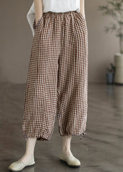 Loose Coffee Plaid Pockets Elastic Waist Linen Crop Pants Summer