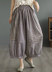 Loose Coffee Plaid Pockets Patchwork Cotton Lantern Pants Summer