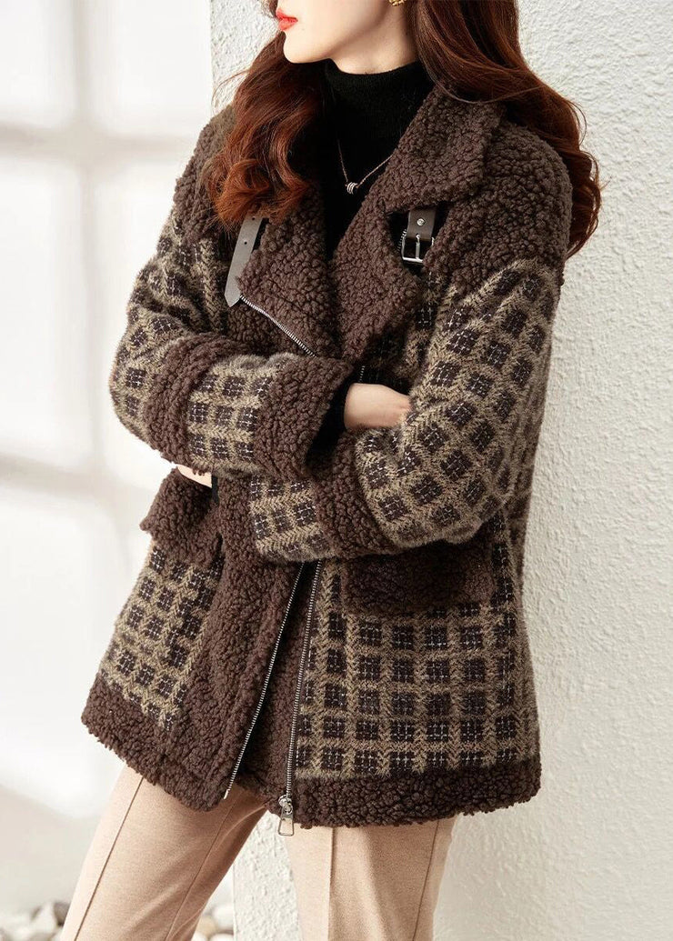 Loose Coffee Plaid Zip Up Patchwork Teddy Faux Fur Coat Winter