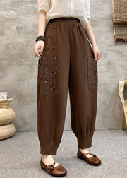 Loose Coffee Pockets Elastic Waist Cotton Crop Pants Summer