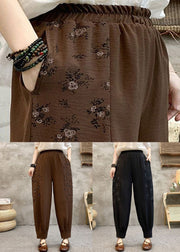 Loose Coffee Pockets Elastic Waist Cotton Crop Pants Summer