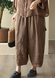 Loose Coffee Pockets Elastic Waist Linen Crop Pants Summer