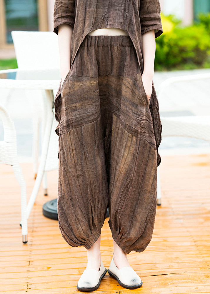 Loose Coffee Pockets Elastic Waist Linen Lantern Pants Summer