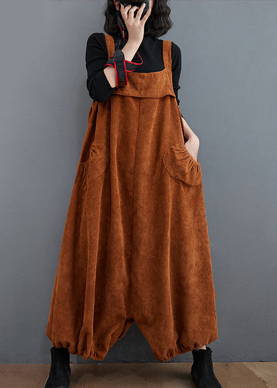 Loose Coffee Pockets High Waist Patchwork Corduroy Jumpsuits Fall