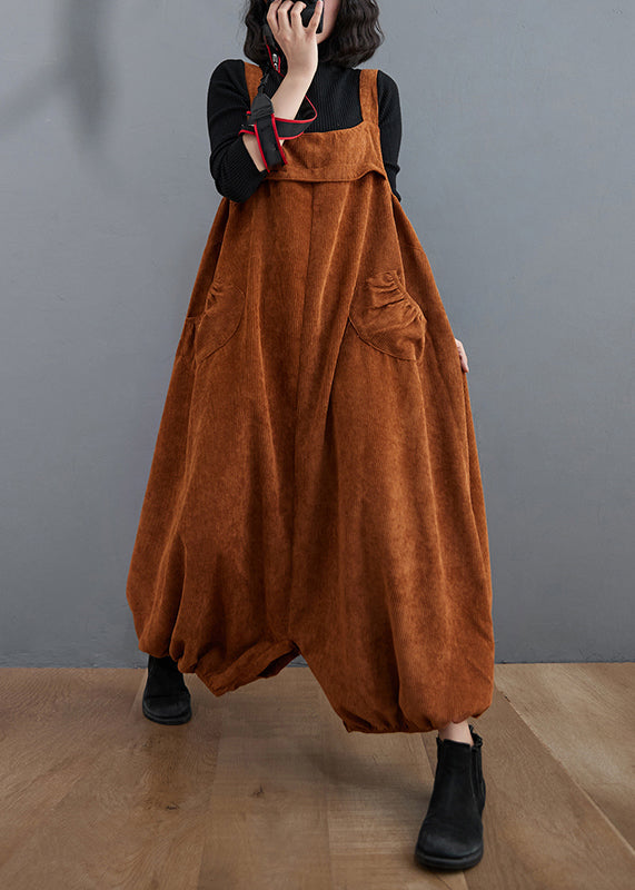 Loose Coffee Pockets High Waist Patchwork Corduroy Jumpsuits Fall