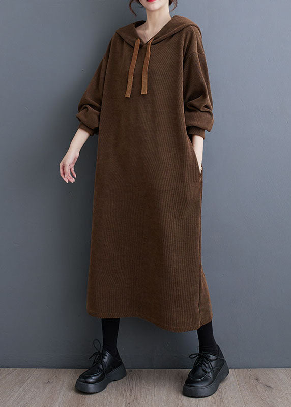 Loose Coffee Pockets Hooded Maxi Dresses Fall