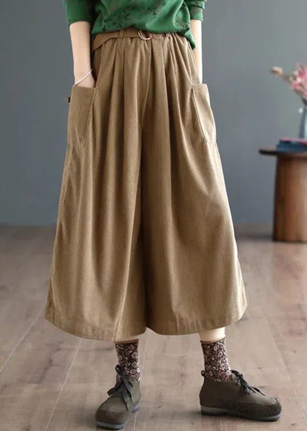 Loose Coffee Pockets Patchwork Corduroy Wide Leg Pants Fall