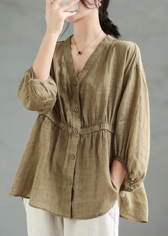 Loose Coffee Solid Button Linen Shirt Bracelet Sleeve