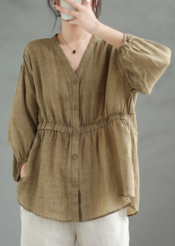 Loose Coffee Solid Button Linen Shirt Bracelet Sleeve